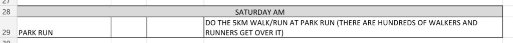 Saturday AM - Do the 5KM Walk/Run at ParkRun (There are hundreds of walkers and runners. Get over it)